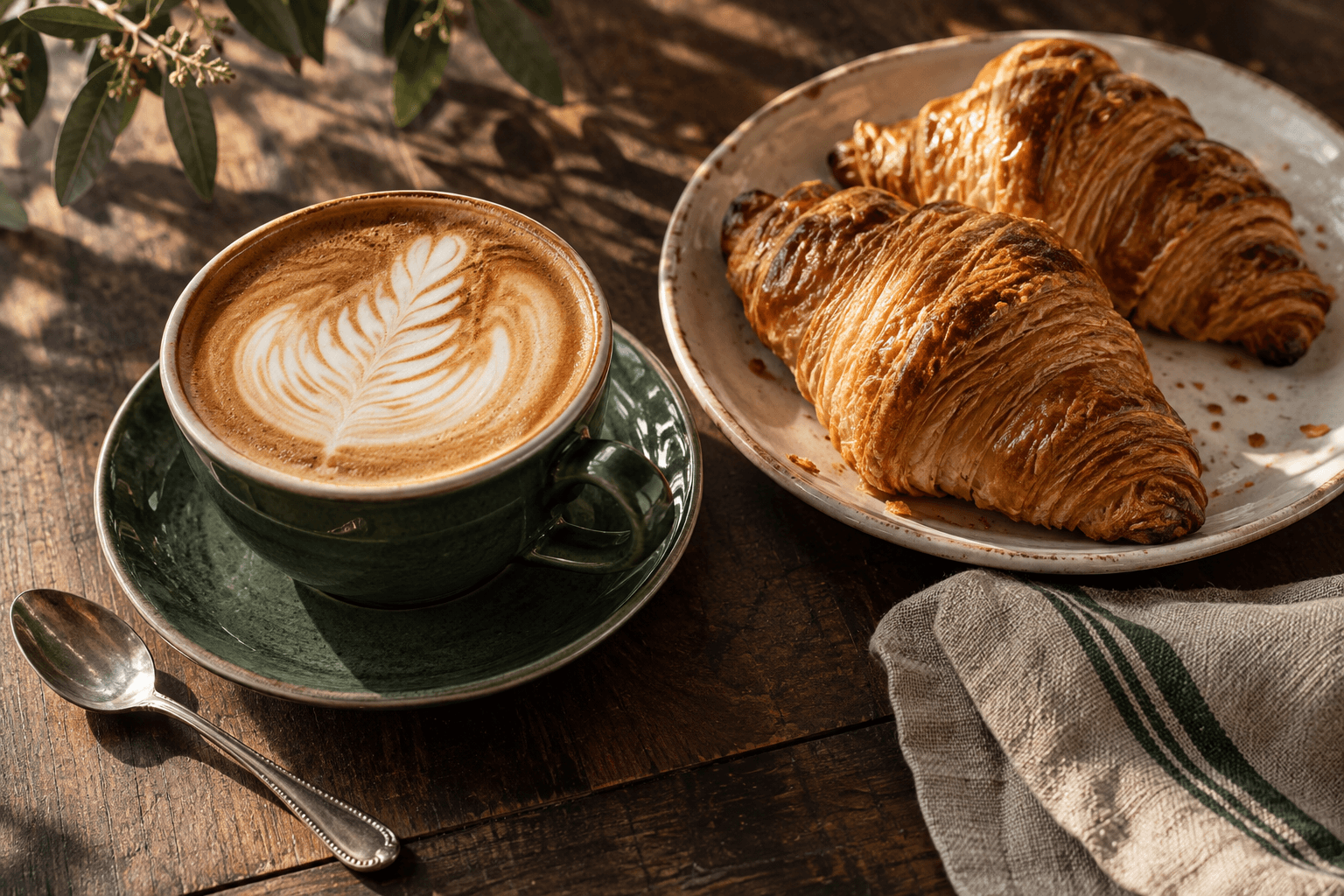 Coffee and croissants on a wooden table